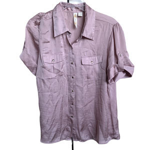 Adiva Top Women's Pink Satin Short Sleeve Button Front Collared Large L